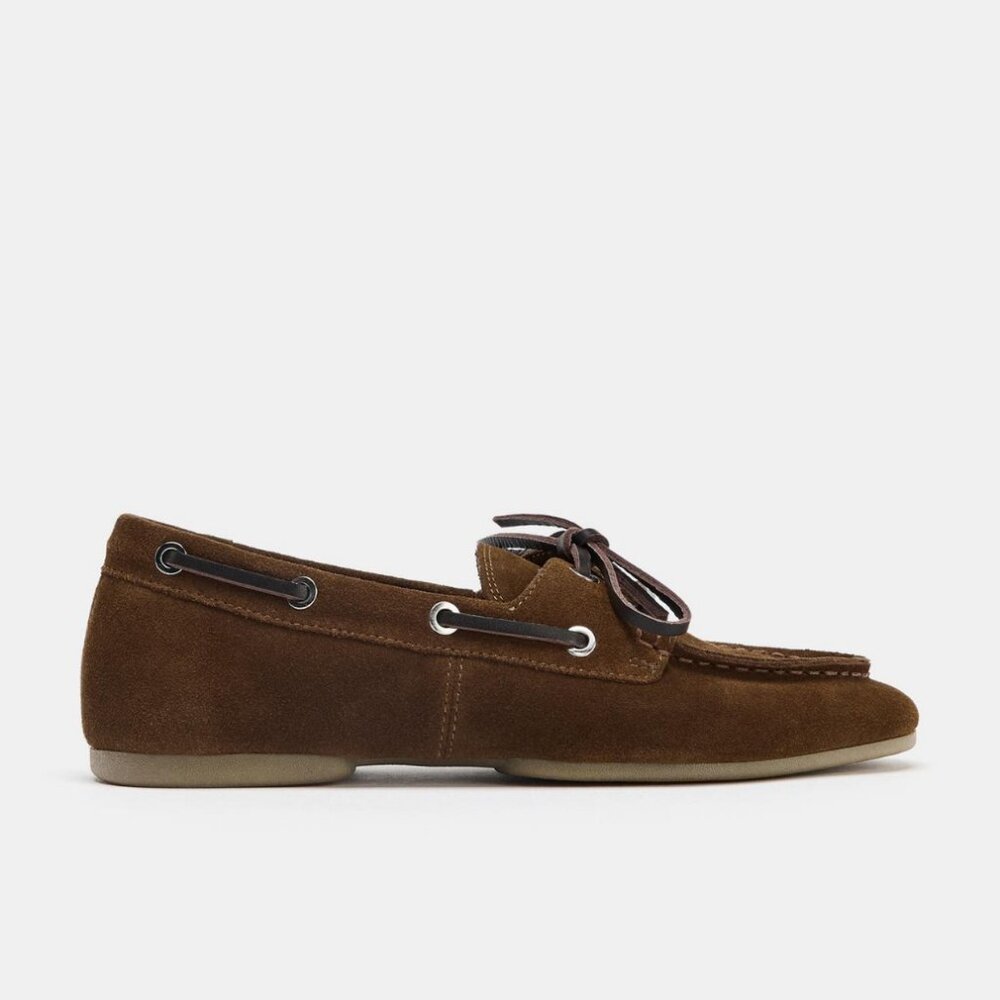 NWT Zara Suede Topstitched Loafers Brown Women's Size 10 Deck Shoes - Picture 2 of 5